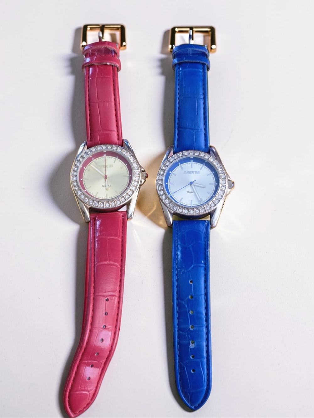 Manhattan Croton Quartz Wristwatches - Blue & Red Pair - Vintage